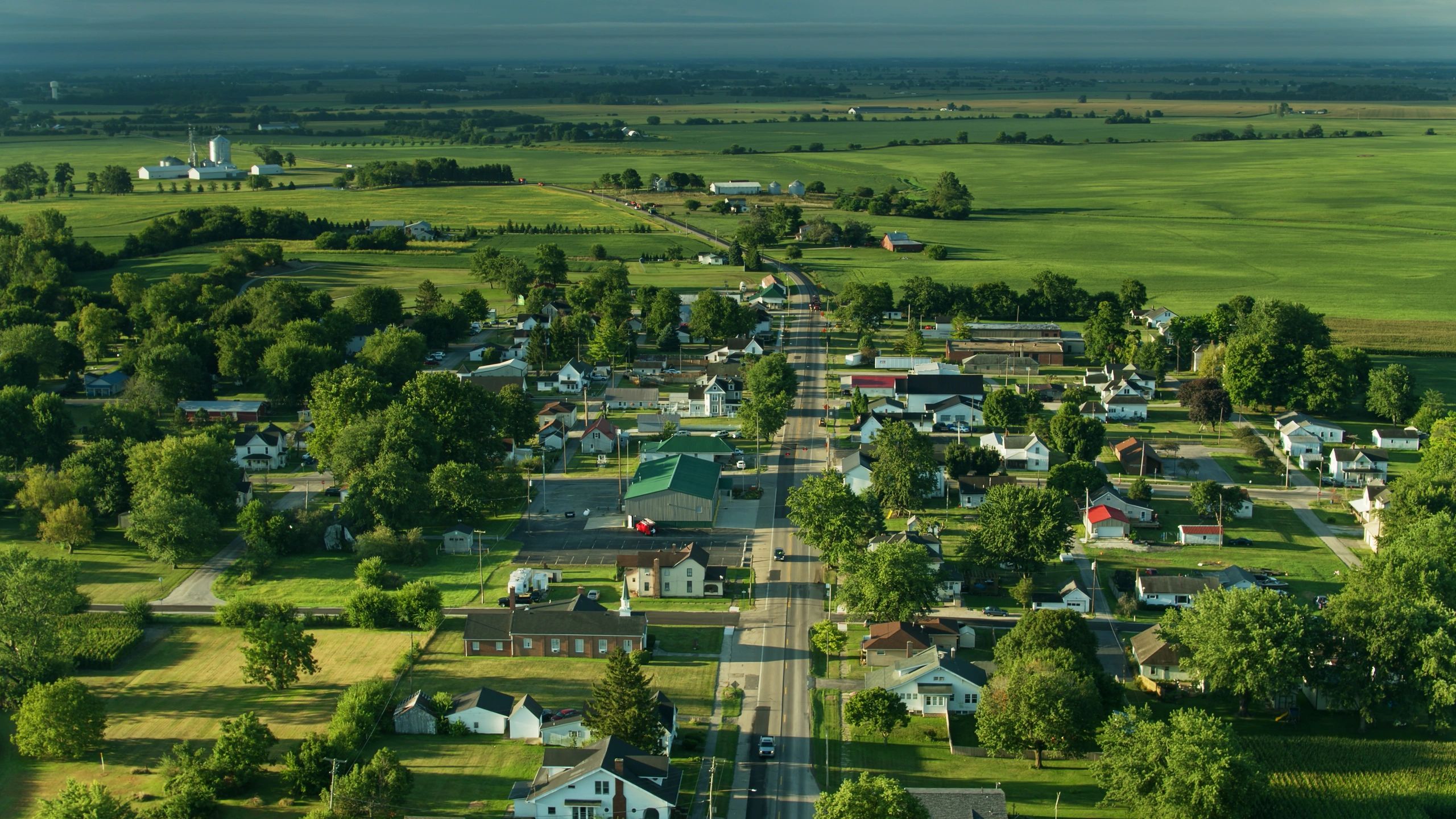 Aerial view of a small-town main street