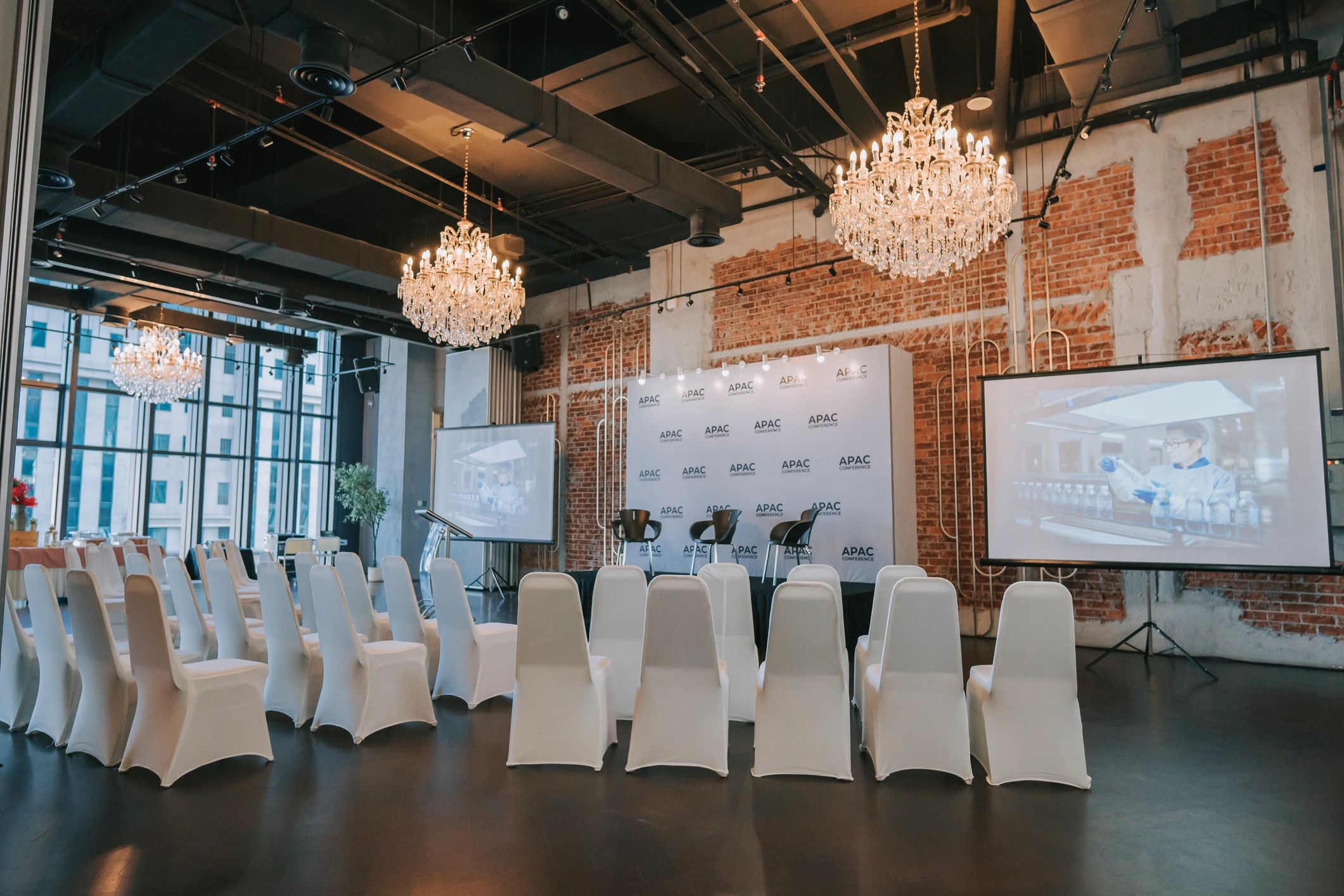 Empty conference room with chairs and a podium