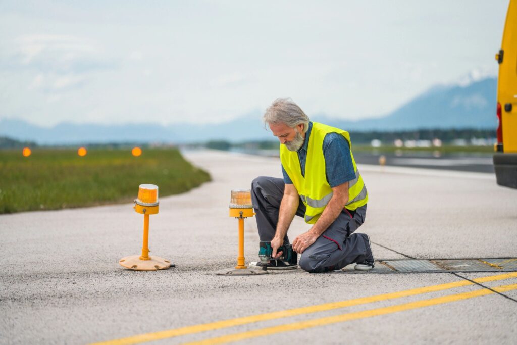 Airport Mechanic Changing Elevated Lights On a Runway